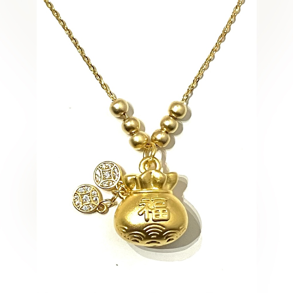 Gold Plated 925 Sterling Lucky Money Bag Necklace 17”